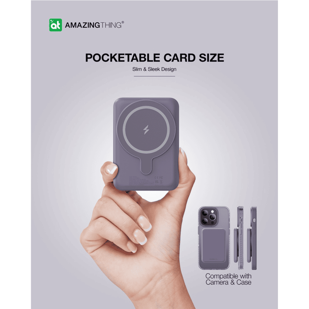 Hand holding a pocket-sized device with 'Amazing Thing' branding on a light gray background