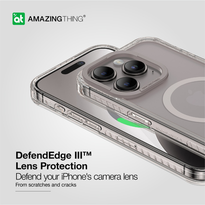 Phone case with camera lens protection feature on a light gray background, featuring the Amazing Thing brand.