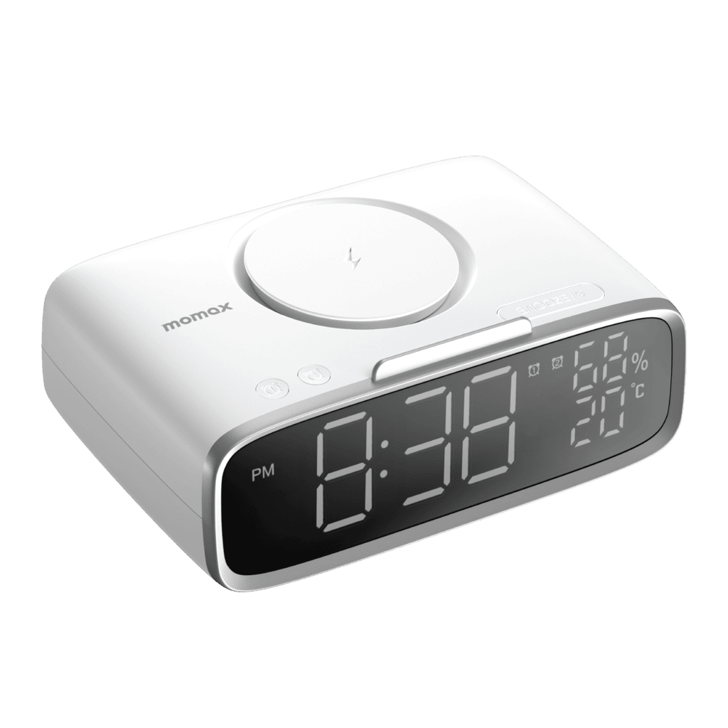 White digital clock with wireless charging pad on a transparent background