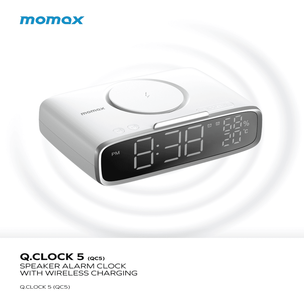 Momax Q.Clock 5 speaker alarm clock with wireless charging on a white background