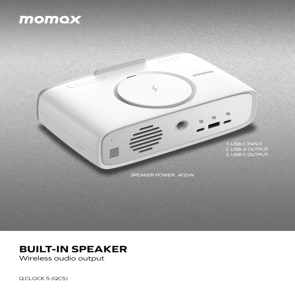 Momax built-in speaker on a gray background