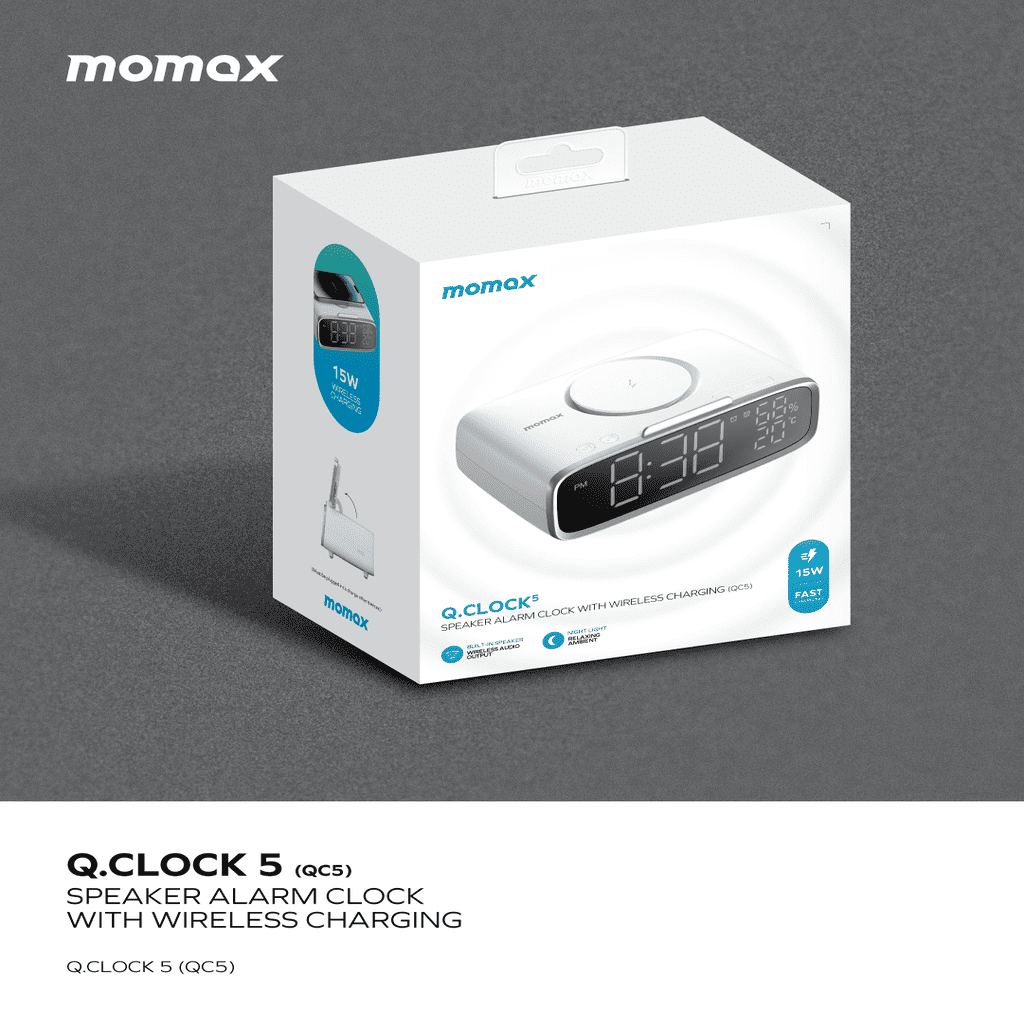 Momax Q.Clock 5 packaging on a gray background