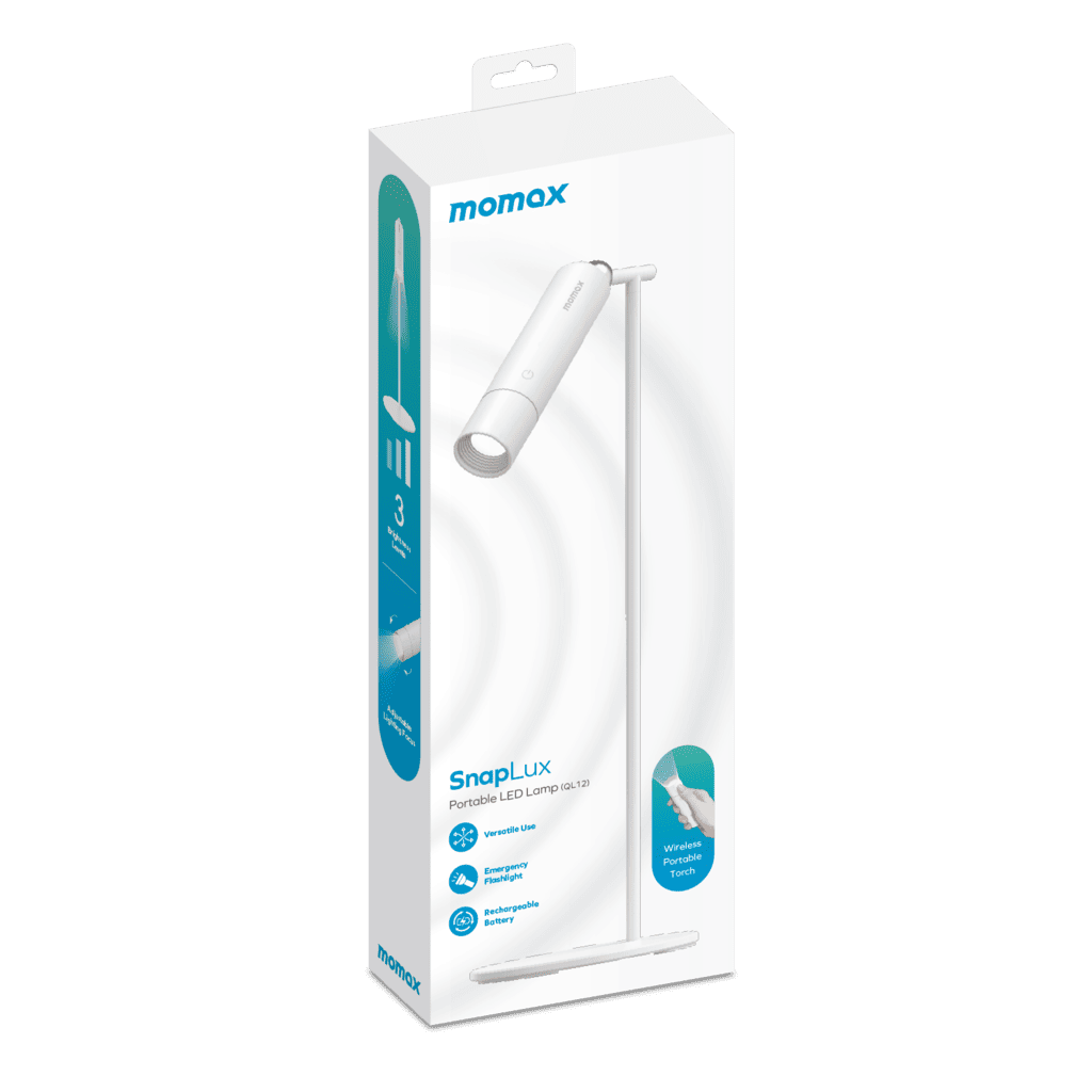 Momax SnapLUX portable LED lamp packaging on a white background