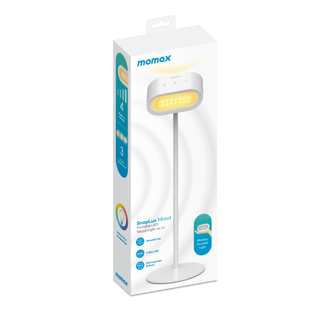 Momax portable light in packaging on a white background