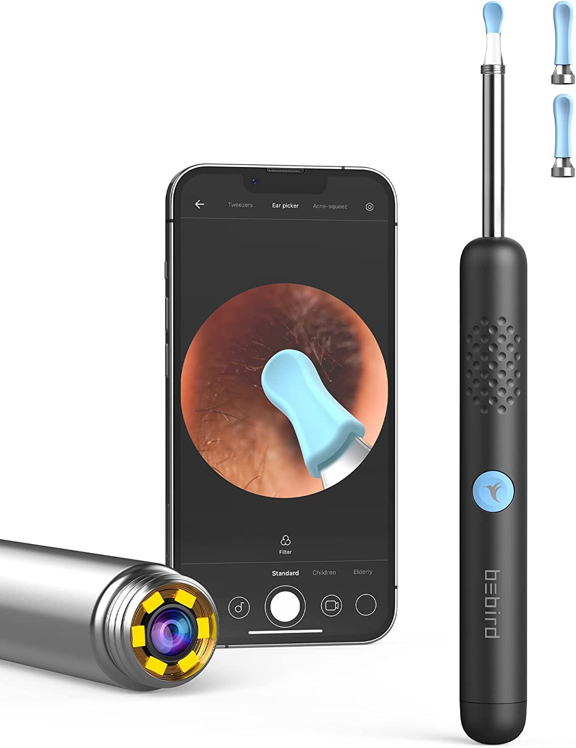 Bebird R1 Wireless Smart Visual Ear Stick With 1080P Otoscope HD Camera & 6 LED Lights for Ear Cleaning 2 Sprial Silicone Ear Scoops 300W - Black
