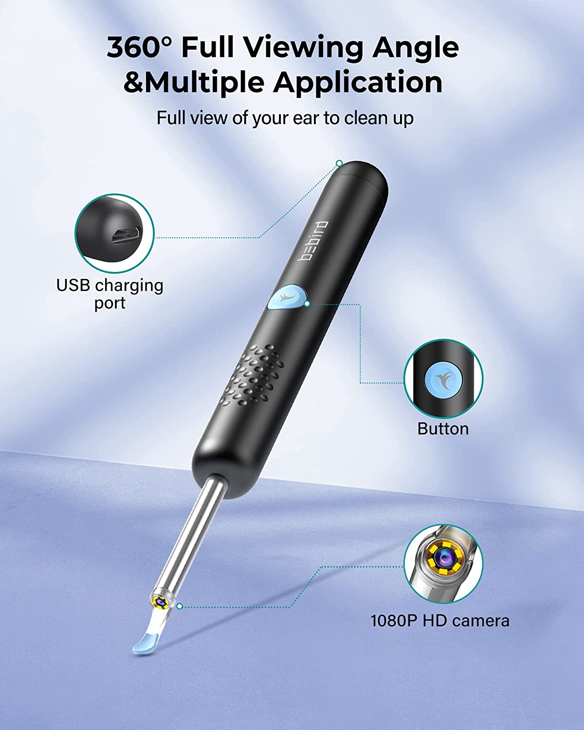 Bebird R1 Wireless Smart Visual Ear Stick With 1080P Otoscope HD Camera & 6 LED Lights for Ear Cleaning 2 Sprial Silicone Ear Scoops 300W - Black