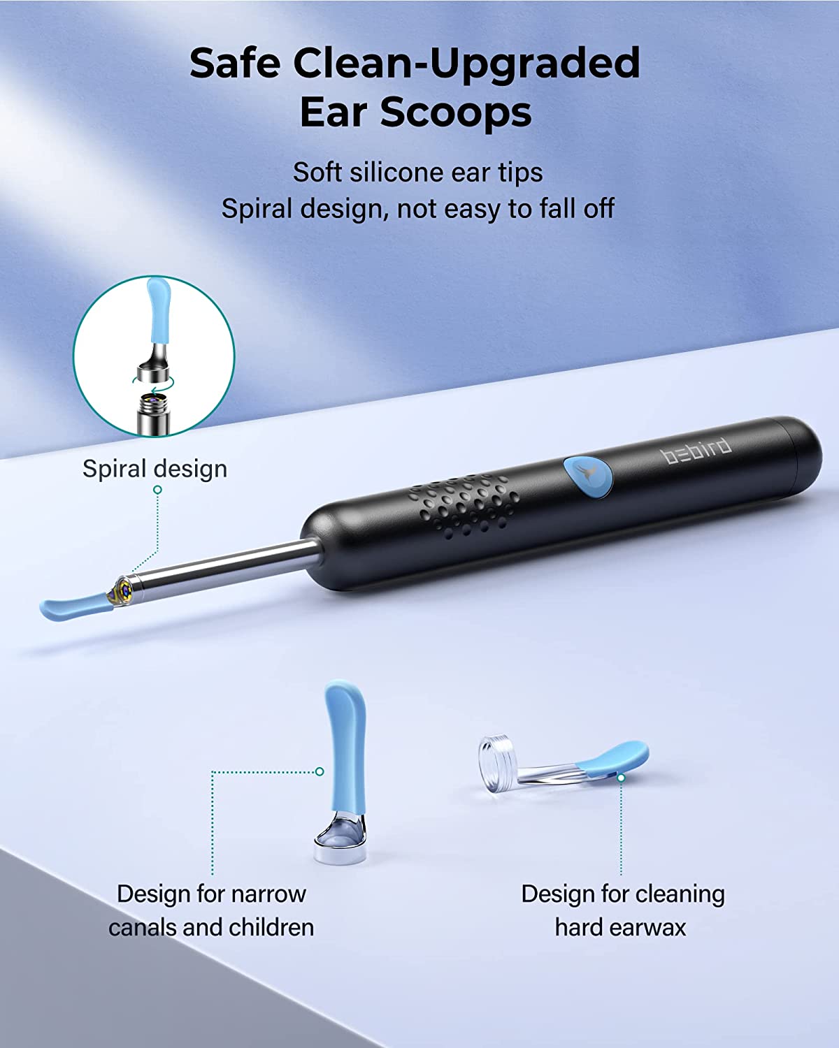 Bebird R1 Wireless Smart Visual Ear Stick With 1080P Otoscope HD Camera & 6 LED Lights for Ear Cleaning 2 Sprial Silicone Ear Scoops 300W - Black