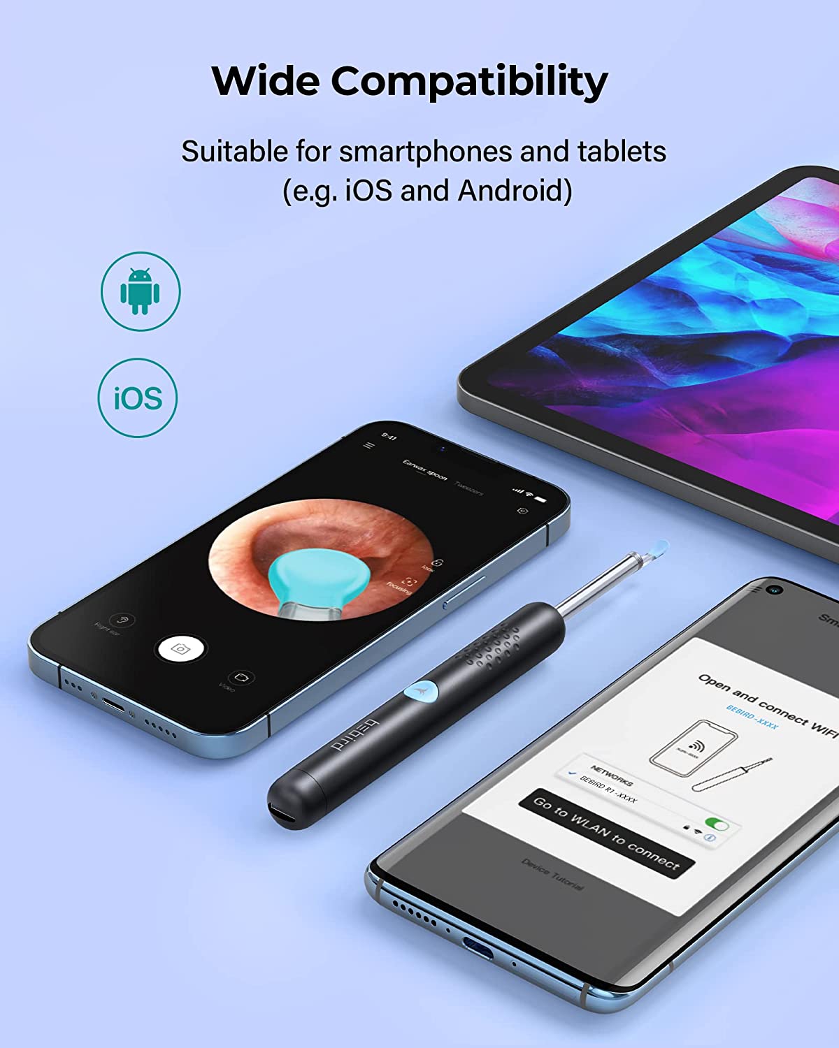 Bebird R1 Wireless Smart Visual Ear Stick With 1080P Otoscope HD Camera & 6 LED Lights for Ear Cleaning 2 Sprial Silicone Ear Scoops 300W - Black