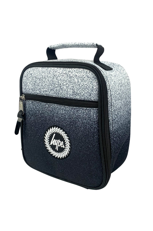 Black and gray glittery lunch bag with a brand logo on a white background