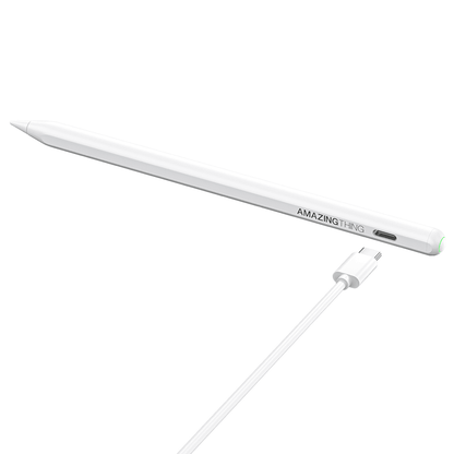 White stylus pen with cable on a white background, featuring 'AMAZING THINGS' branding.