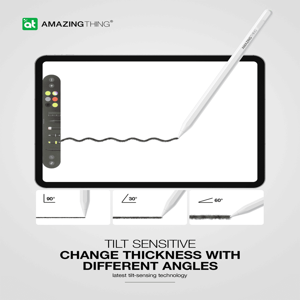 White stylus with digital display on a gray background, featuring 'Amazing Thing' branding.