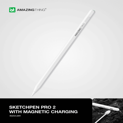 White stylus pen with 'Amazing Thing' branding on a light gray background