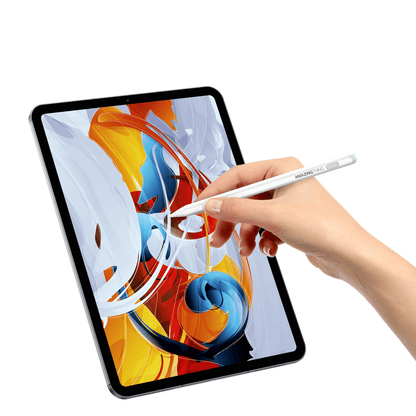Hand holding a stylus over a tablet displaying a colorful abstract design on a white background