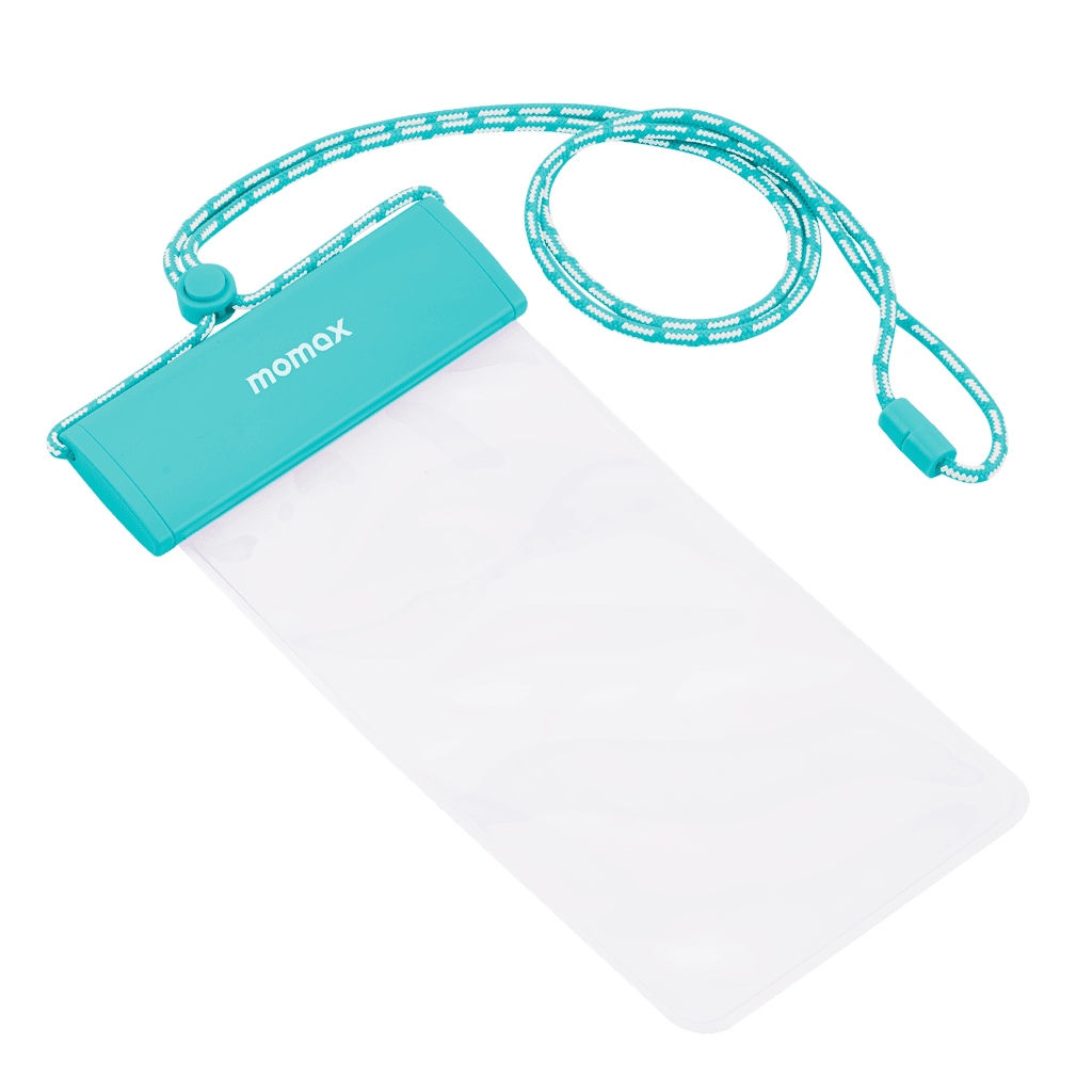 Clear phone pouch with turquoise strap and case on a transparent background