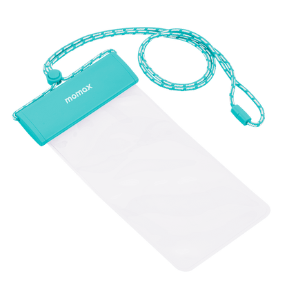 Clear phone pouch with turquoise strap and case on a transparent background