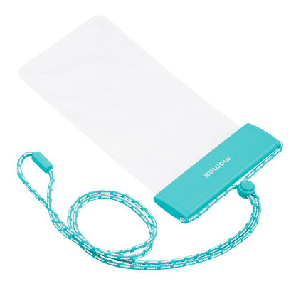 Turquoise power bank with white cloth and lanyard on a green background