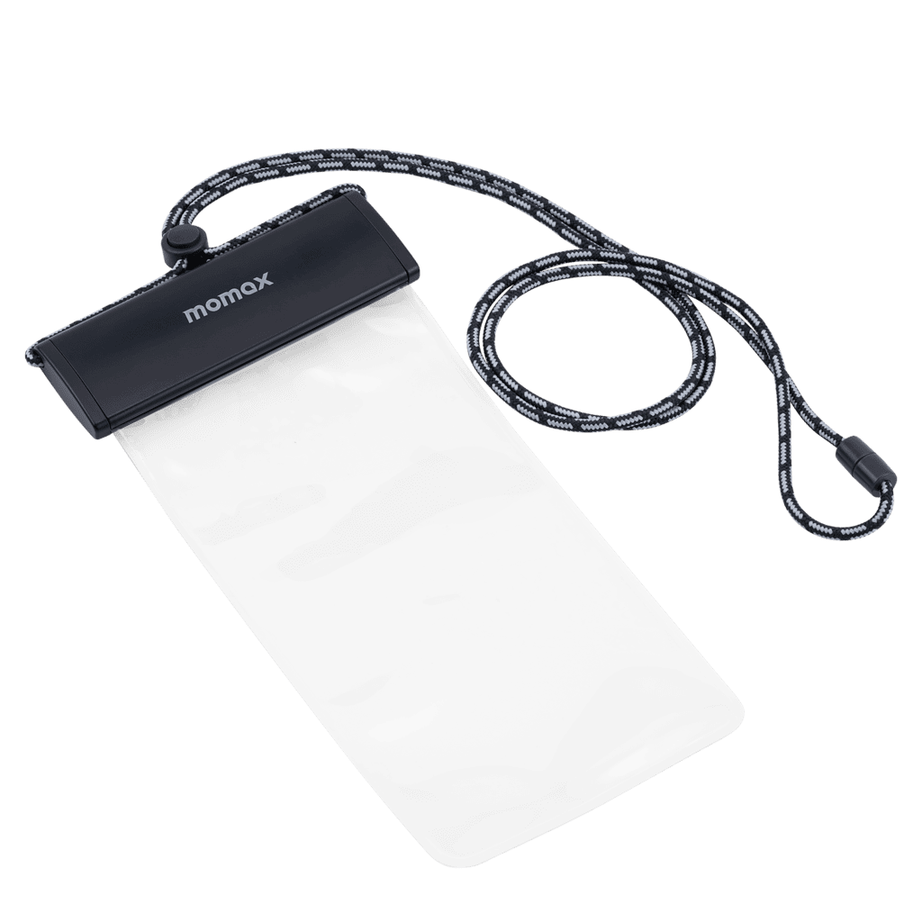 Clear phone pouch with black lid and lanyard on a transparent background