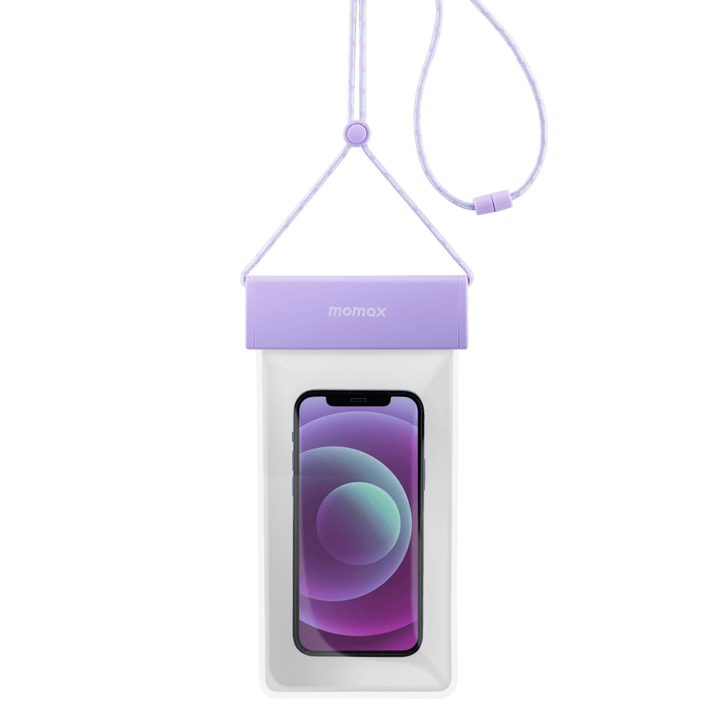 Phone case with a purple strap and visible brand logo on a white background