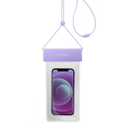 Phone case with a purple strap and visible brand logo on a white background