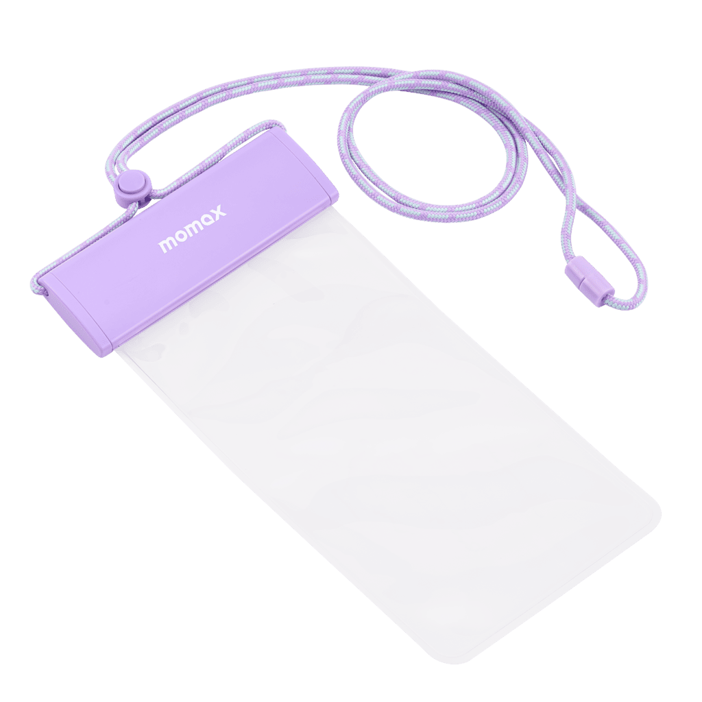 Purple phone pouch with a clear window and lanyard on a transparent background