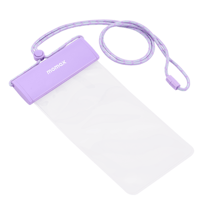 Purple phone pouch with a clear window and lanyard on a transparent background