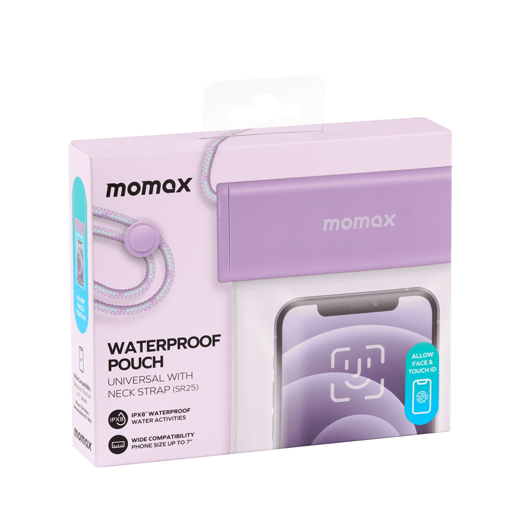 Momax waterproof pouch packaging with purple pouch on a white background