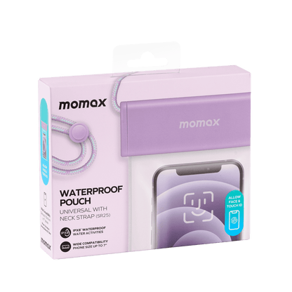 Momax waterproof pouch packaging with purple pouch on a white background