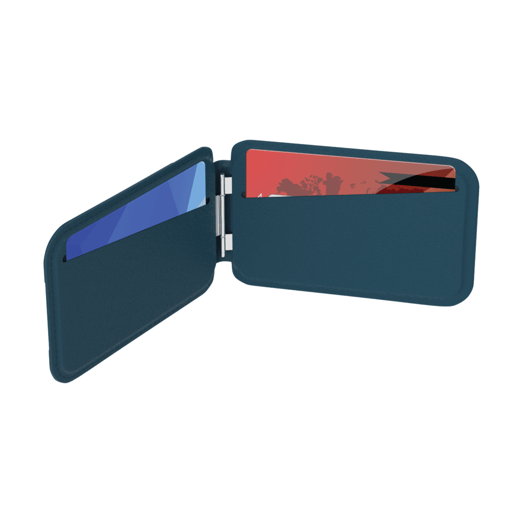 Blue cardholder with a card inside on a transparent background