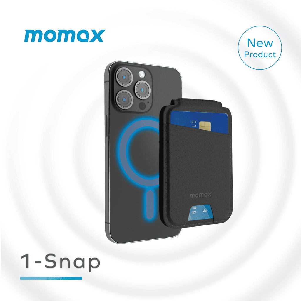 Momax phone case with card holder on a white background