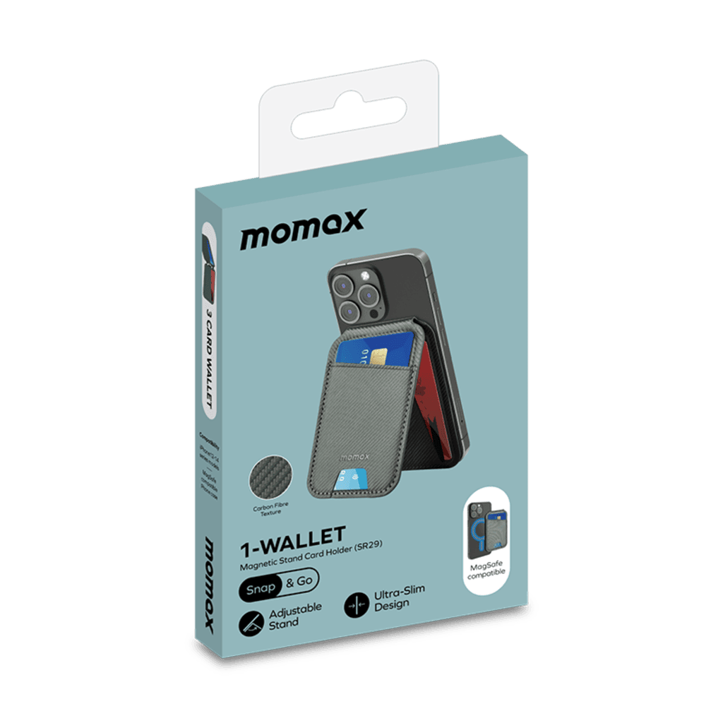 Momax phone wallet packaging on a green background