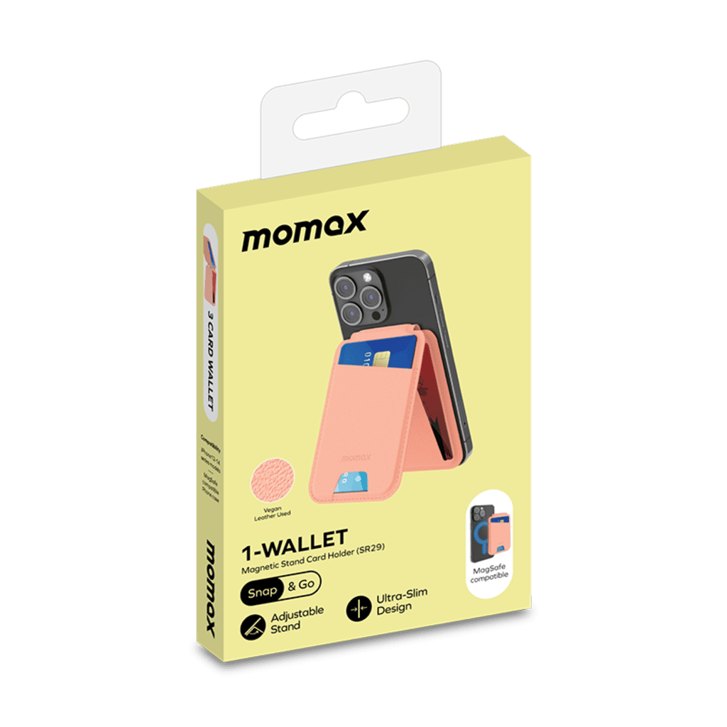 Momax 1-Wallet packaging with a pink card holder on a green background