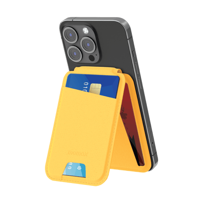 Yellow phone case with card holder attached to a smartphone on a transparent background
