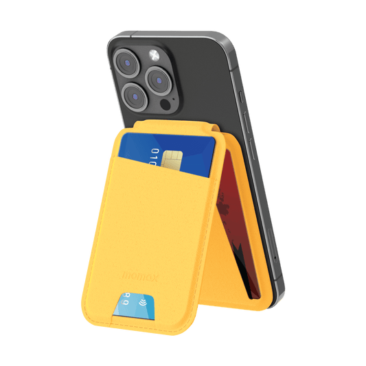 Yellow phone case with card holder attached to a smartphone on a transparent background