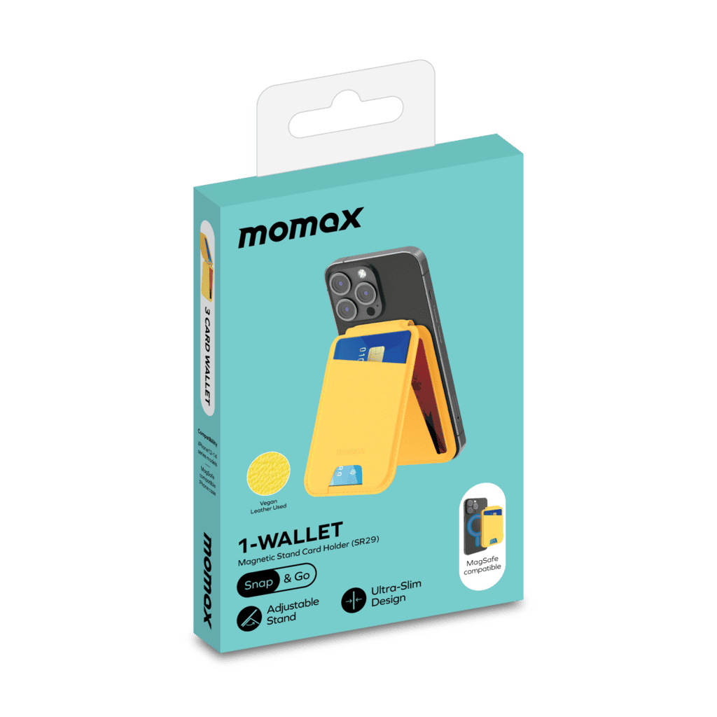 Momax 1-Wallet packaging with a phone case on a black background