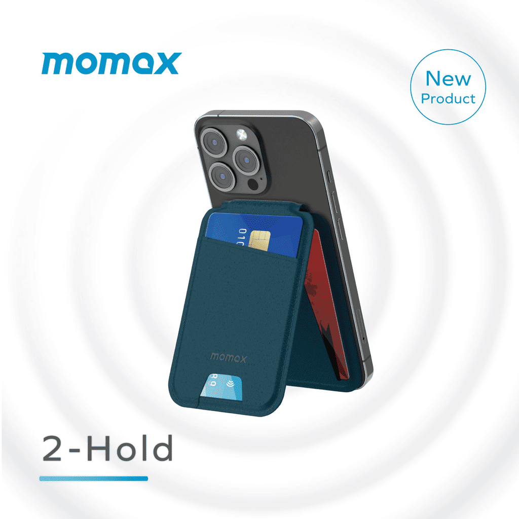 Phone case with card holder attached to a phone, featuring the Momax brand.