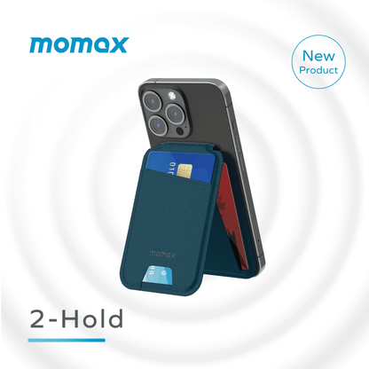 Phone case with card holder attached to a phone, featuring the Momax brand.