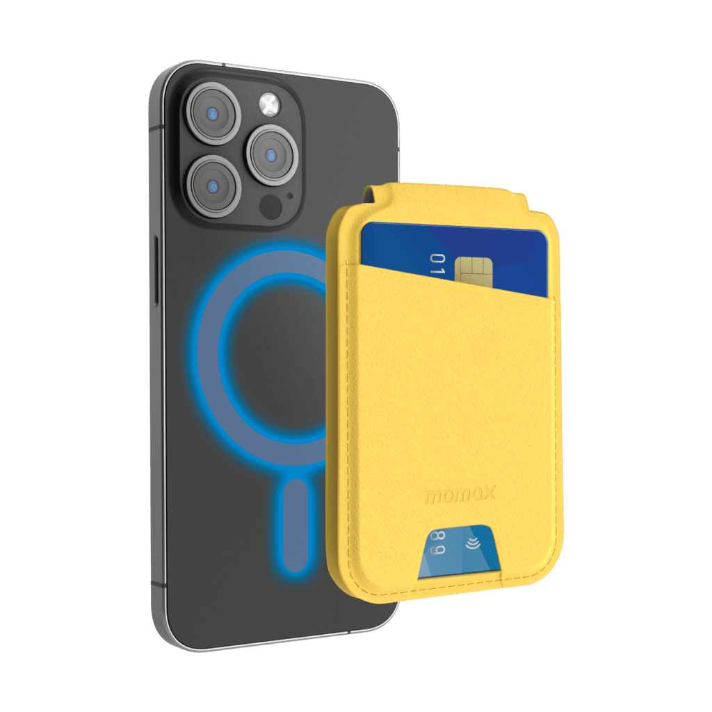 Yellow cardholder attached to a smartphone on a transparent background