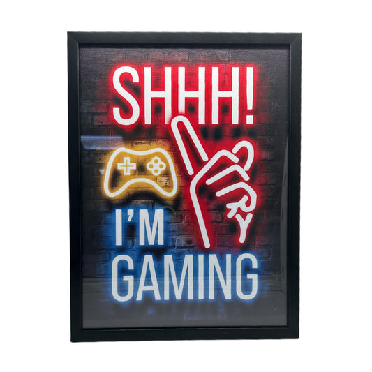 Vibrant Neon Game Wall Art with Frame - "Shhh! I'm Gaming"