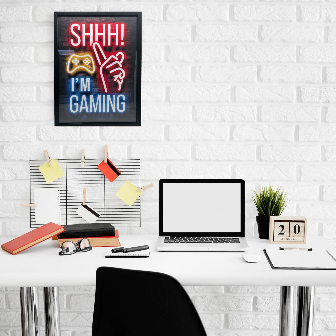 لوحة فنية جدارية لألعاب النيون النابضة بالحياة مع إطار - "Shhh! I'm Gaming"
