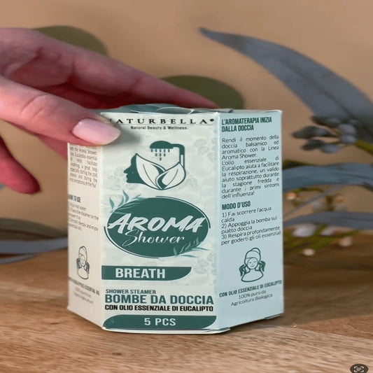 Box of Aroma Shower bombs with a hand holding it, on a wooden surface.