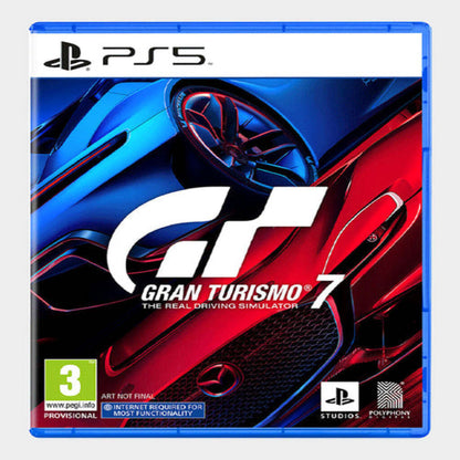 Gran Turismo 7 game case for PlayStation 5 with a red and blue car design.