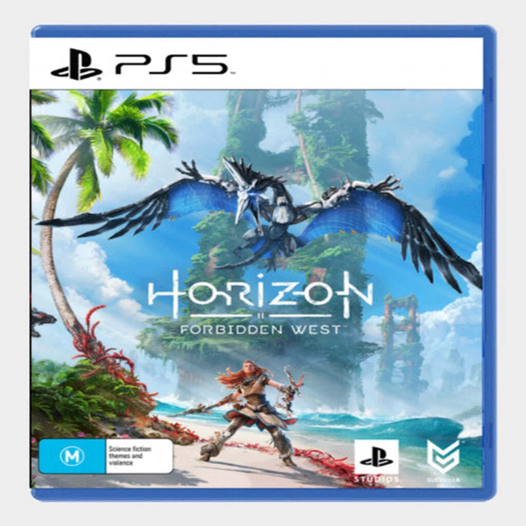 PlayStation 5 game case for 'Horizon Forbidden West' with a character and dragon on a tropical island.