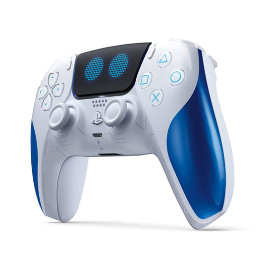 White and blue gaming controller on a white background
