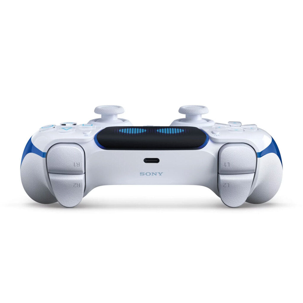 White gaming controller with blue accents on a white background