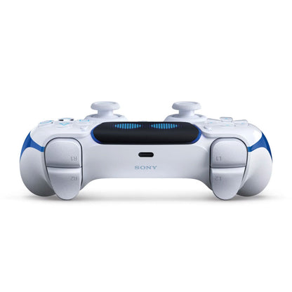 White gaming controller with blue accents on a white background