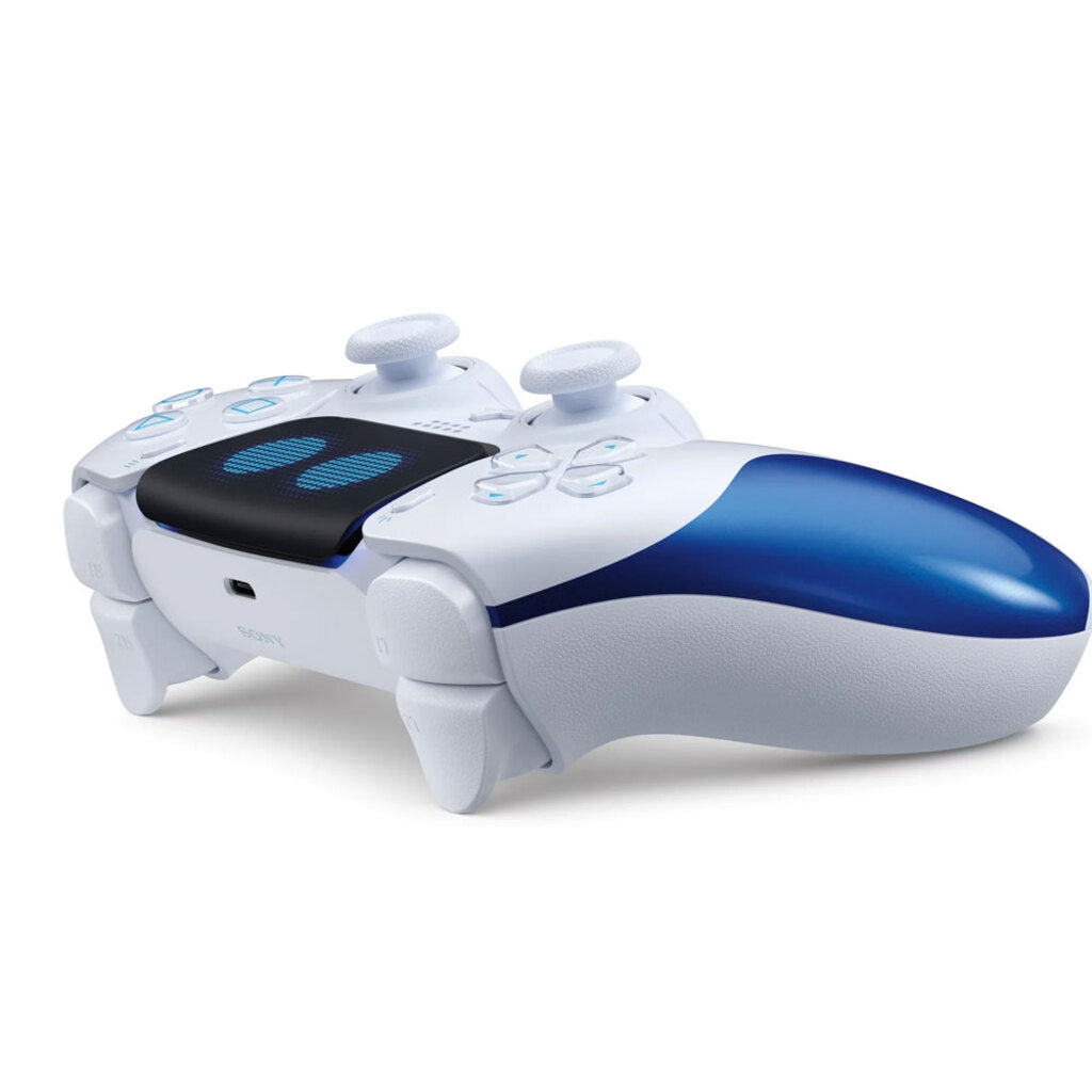 White and blue gaming controller on a white background