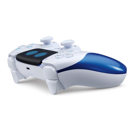 White and blue gaming controller on a white background
