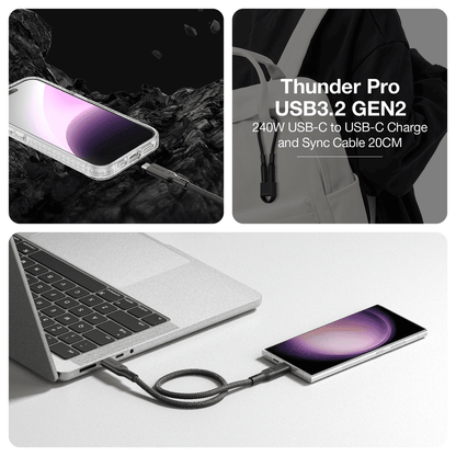 Collage of a Thunder Pro USB3.2 Gen2 cable being used with a phone, laptop, and car window wiper.