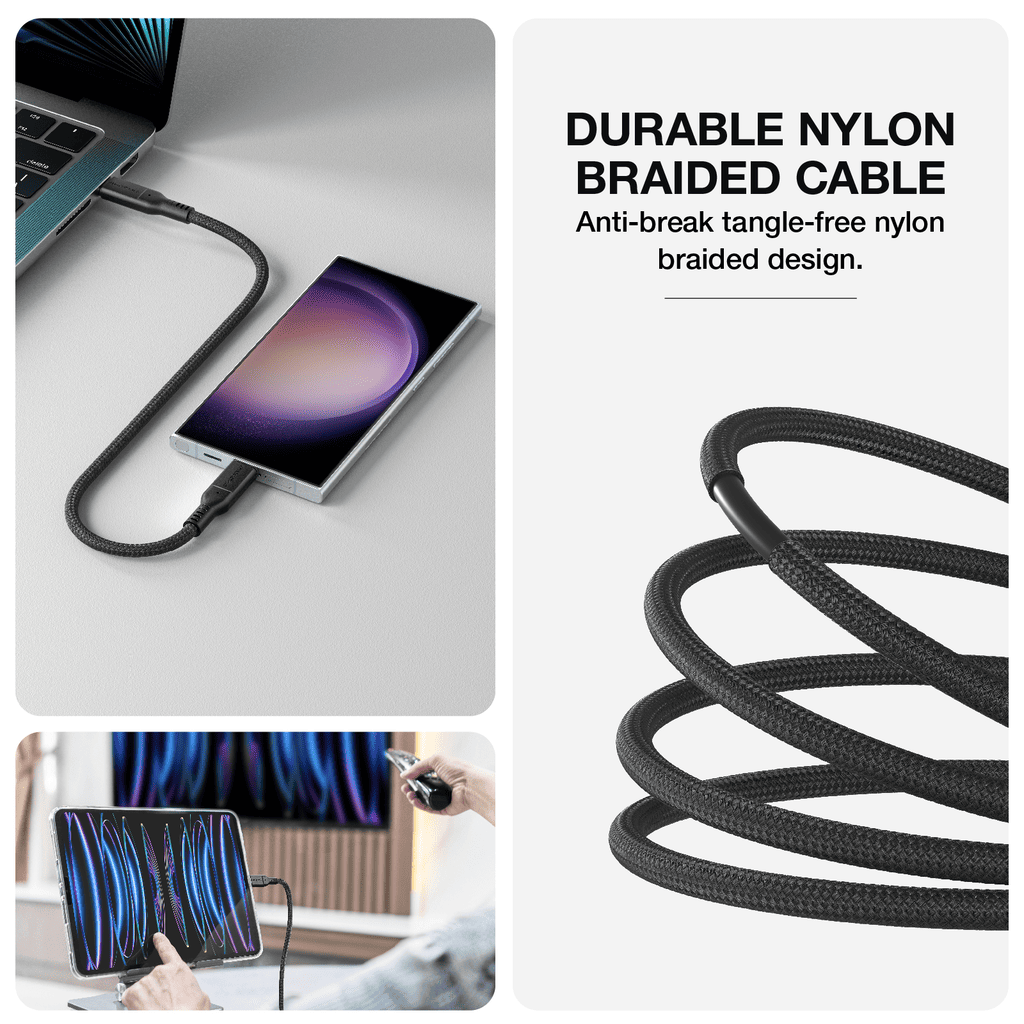 Durable nylon braided cable with smartphone and laptop connection, close-up of cable, and person using cable.