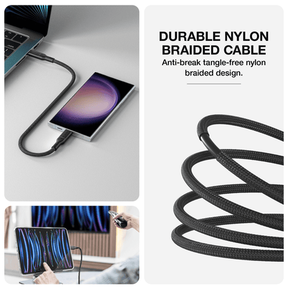Durable nylon braided cable with smartphone and laptop connection, close-up of cable, and person using cable.